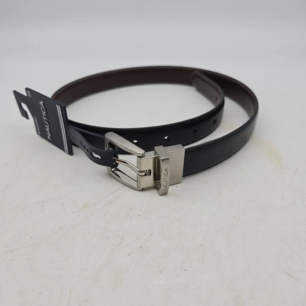 Nautica Belt Black Brown Reversible Syn Leather Womens 24 Nickel Buckle